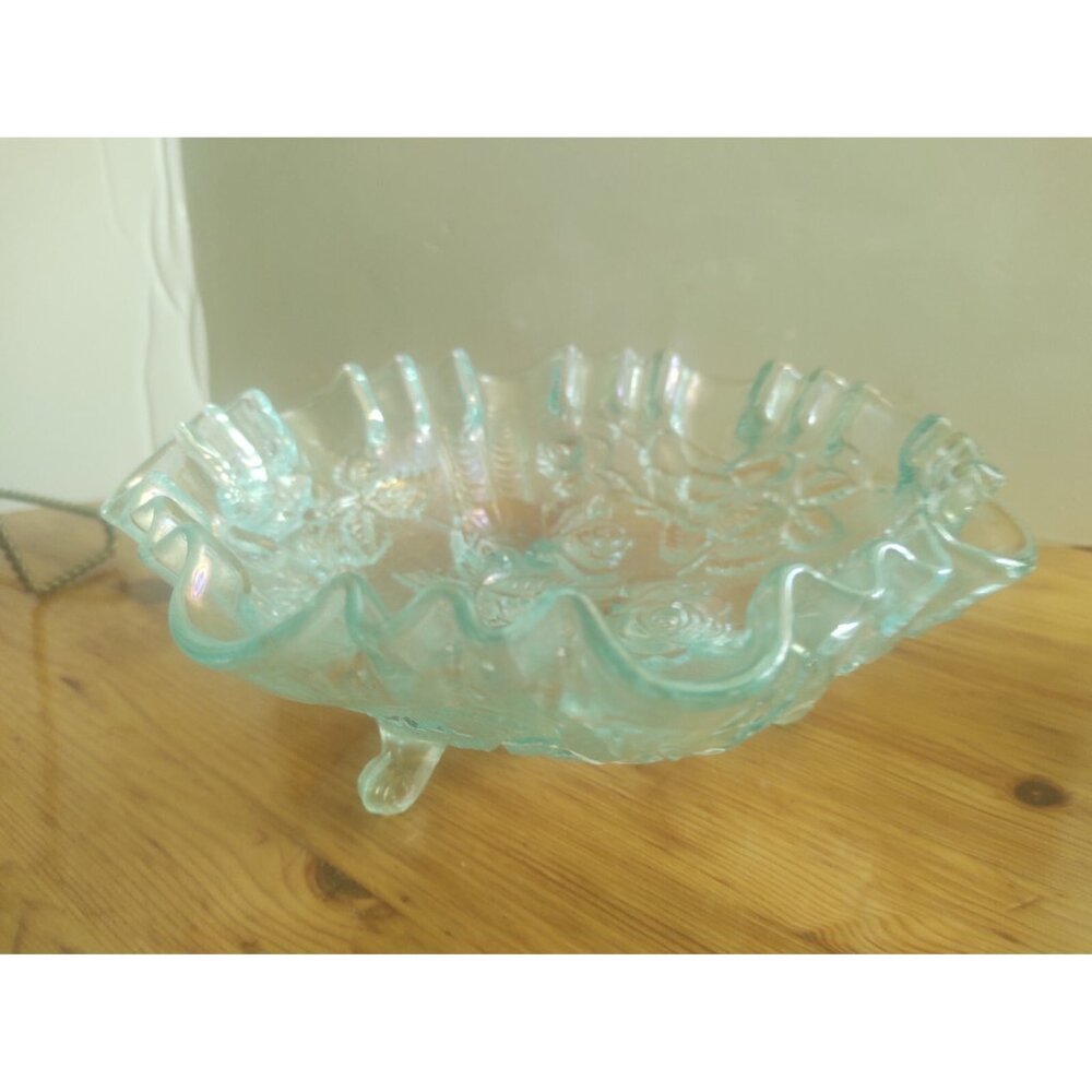 Vintage Imperial Glass Ice Blue 3 Footed Glass Bowl Maker Marked with Iron Cross